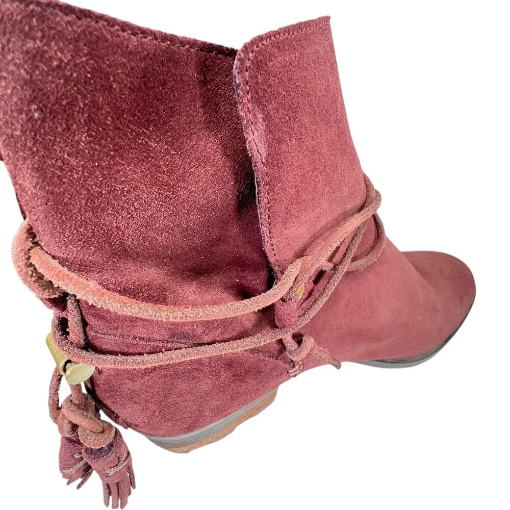 Sorel Womens Burgundy Suede Ankle Boots Wraparound Tassel Laces Low Block Heel - Picture 11 of 16